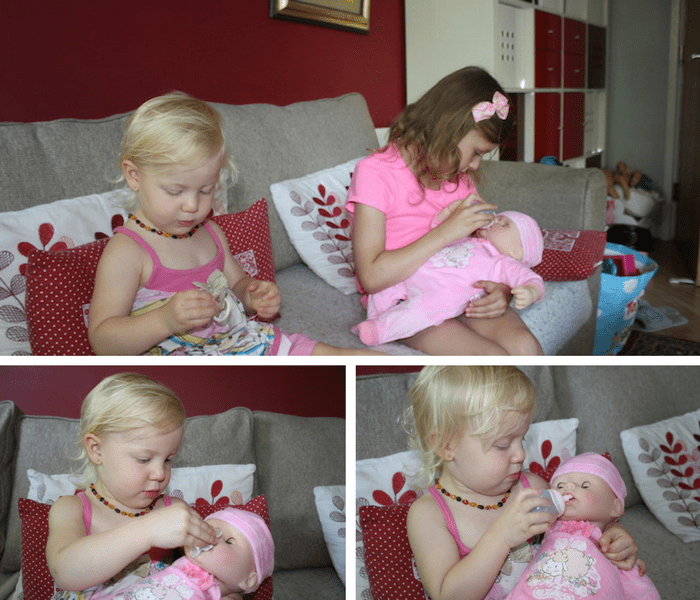 Sienna & Bella playing with Baby Annabell collage