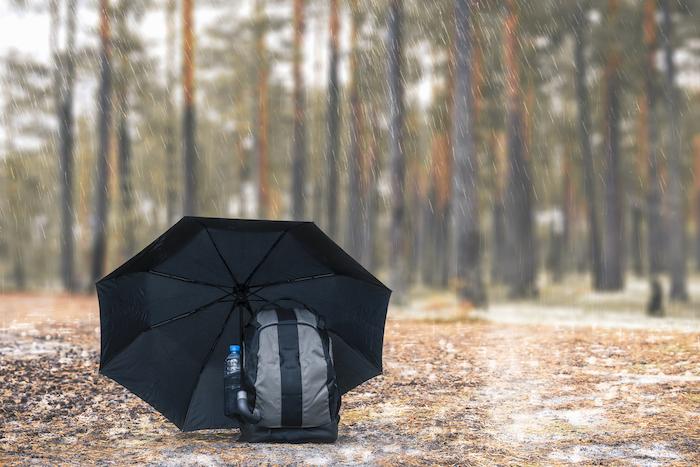 Hiking backpack with bottle of water covered with an umbrella from the rain in pine forest. Camping equipment
