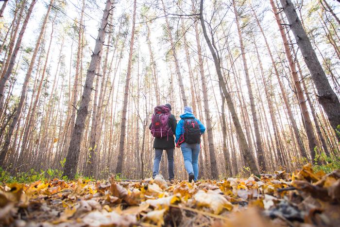 Adventure, travel, tourism, hike and people concept - smiling couple walking with backpacks over autumn natural background.