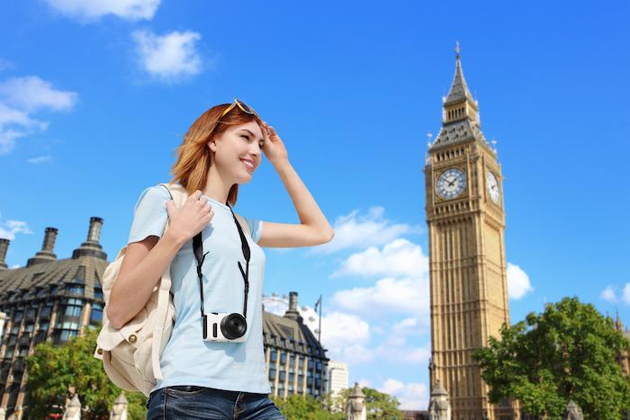 Happy woman travel in London with Big Ben tower, caucasian beauty
