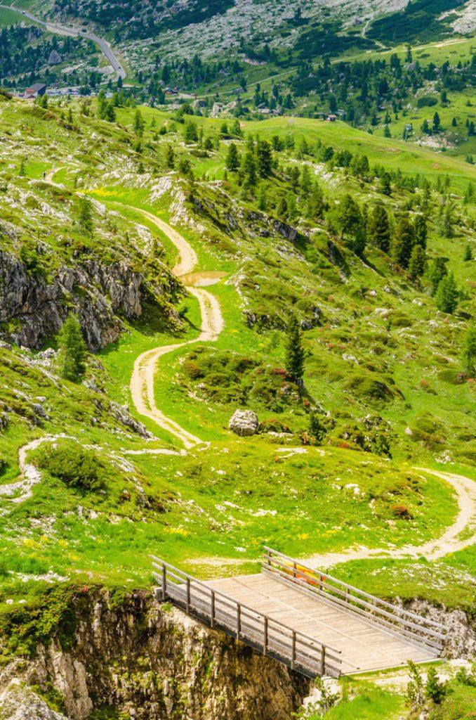 Amazing view of winding path of Passo Falzarego, Averau-Nuvolau group, Dolomites Mountains, Italy