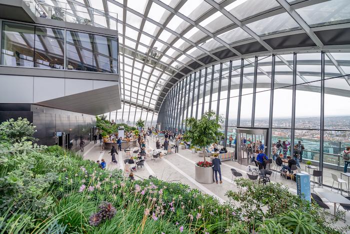 People enjoy the spectacular Sky Garden situated on the top floor of 20 Fenchurch Street. London attracts 30 million people annually.