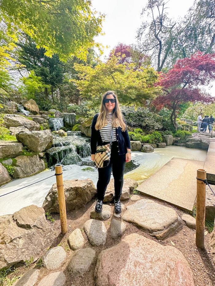 Kyoto Garden - Franca in front of Waterfalls