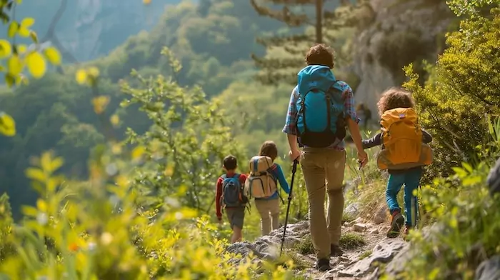 A family enjoys a bonding experience while hiking together through a lush green mountain trail.