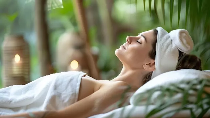 Woman enjoys a peaceful relaxation moment at a tranquil spa with lush greenery and soft lighting.