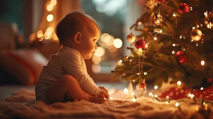 In a cosy room, a baby gazes at the glowing Christmas tree with wide-eyed amazement.