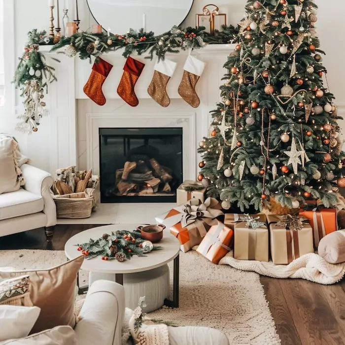 A warm and inviting Christmas scene with a decorated tree, stockings, and a crackling fireplace.