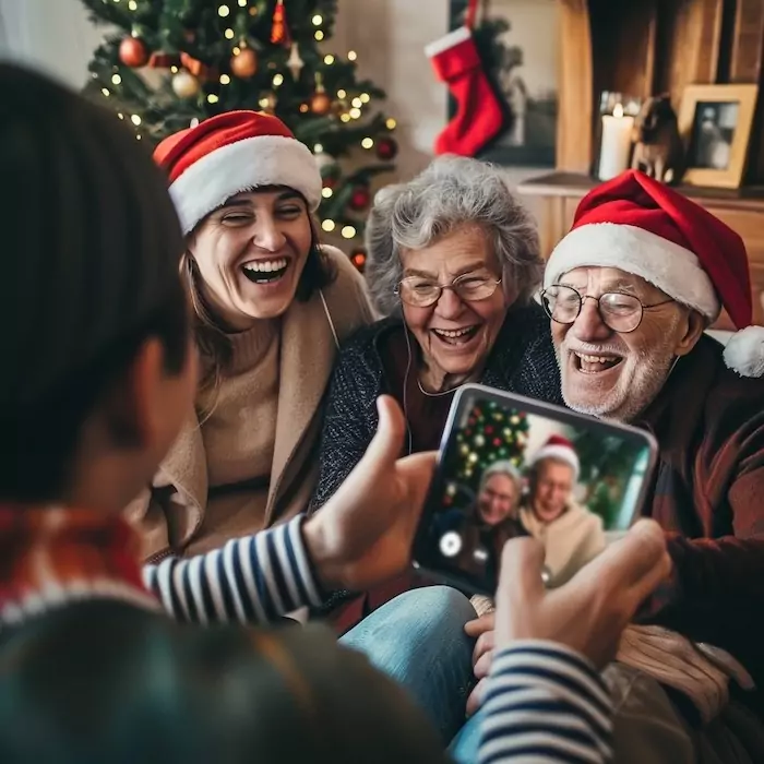 A joyful family wearing Santa hats smiles brightly while taking a holiday selfie at home.