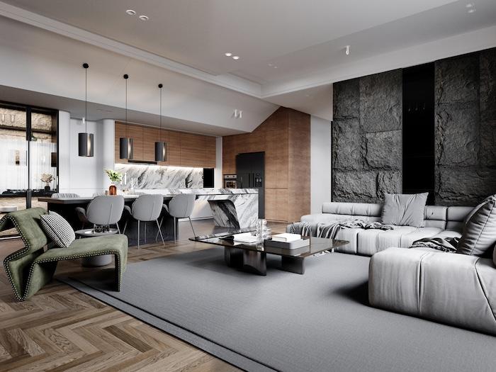 How to Add Some Character to Your Home. Open-concept living and kitchen area with textured stone accent wall, unique green sculptural chair, and modern decor elements, blending comfort and contemporary style, 3D rendering, 3D illustration