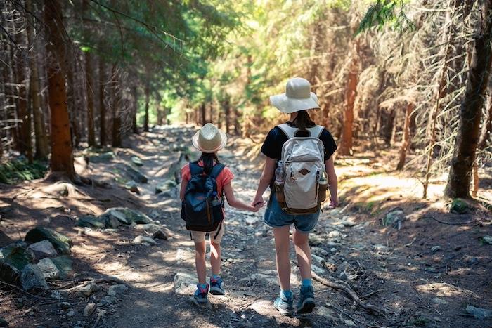 Back view of sisters hiking in the forest. Travelling with family concept.