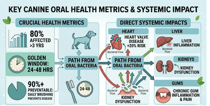 Key canine oral health metrics & systemic impact.