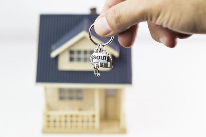Selling new real estate concept, house and male hand.