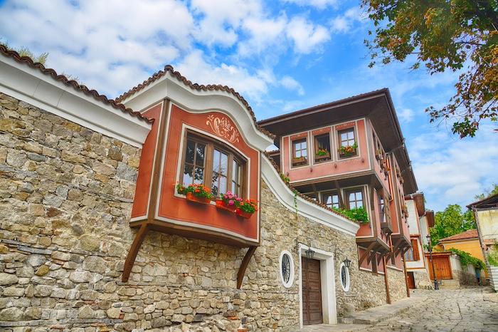 Typical architecture,historical medieval houses,Old city street view with colorful buildings in Plovdiv, Bulgaria. Ancient Plovdiv is UNESCO's World Heritage.HDR image