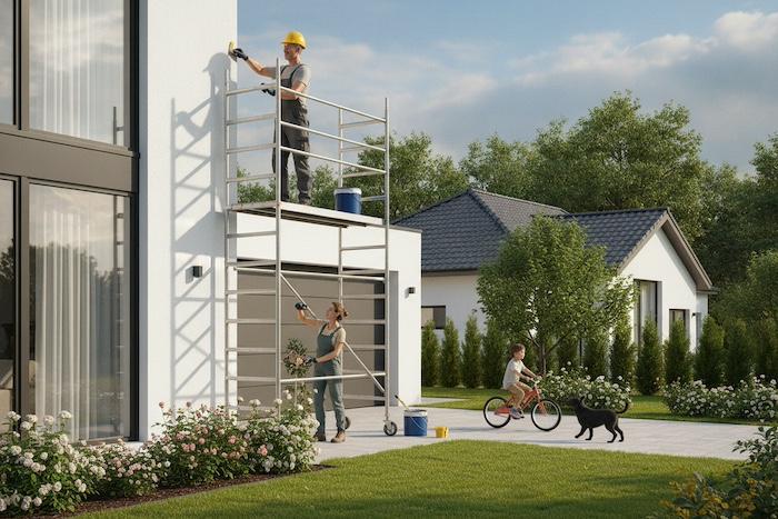 How Much Does It Cost to Hire a Scaffold Tower in the UK?. Modern aluminium scaffold tower outside a contemporary UK home, clean minimal style, bright daylight, realistic, professional construction photography