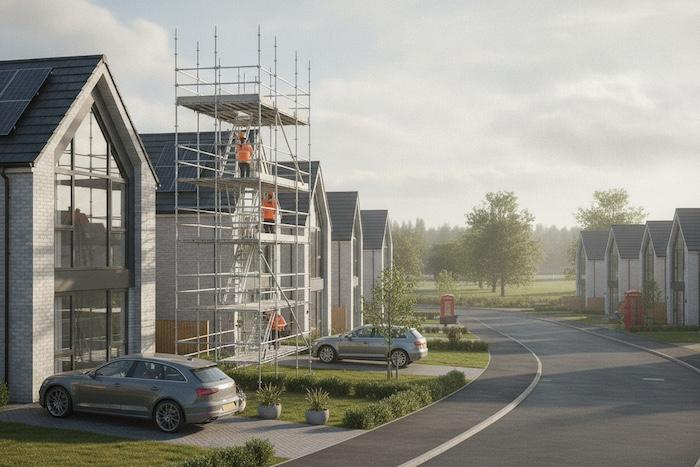 Wide view of aluminium scaffold tower in suburban UK neighbourhood, modern homes, realistic, soft daylight
