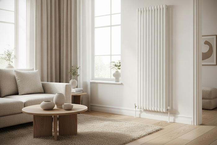Tall vertical radiator in a stylish small modern flat, slim white design, positioned beside a window with compact contemporary furniture, warm neutral tones, natural daylight.