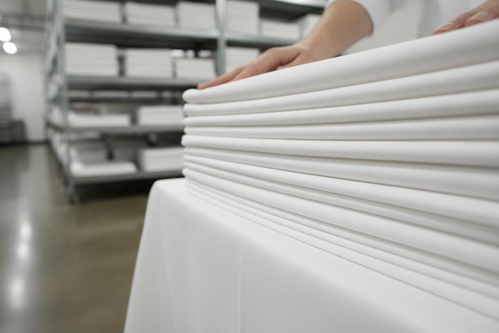 Hospitality professional inspecting high-quality white tablecloths, close-up of fabric texture, neatly folded linen, clean commercial setting