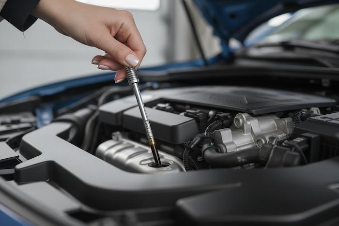 Close-up engine oil dipstick
