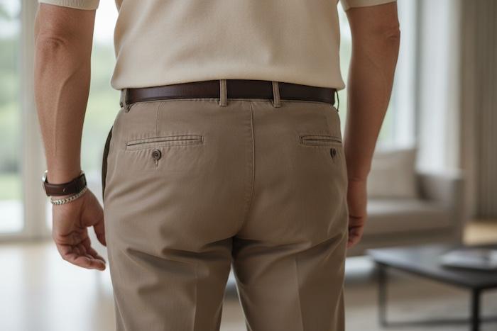 Close-up of a mature man wearing well-fitting smart casual trousers