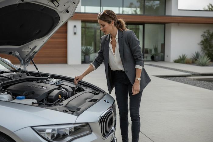 Engine Oil: A Deep Dive into Its Role in Car Maintenance. Stylish female car owner checking the engine oil under the bonnet of a modern car, elegant contemporary setting, clean driveway with a beautiful modern home in the background, soft natural daylight, sophisticated lifestyle editorial photography, photorealistic, realistic details.The women wears a casual outfit