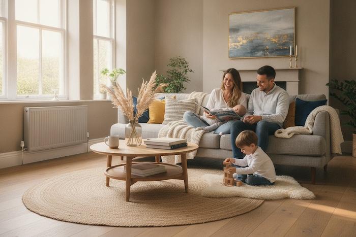 Family relaxing in a warm modern living room with a stylish electric radiator