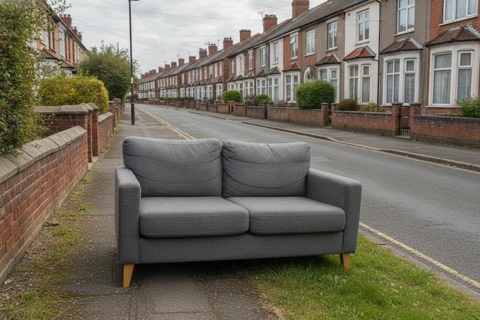Old sofa fly-tipped in an English countryside lay-by