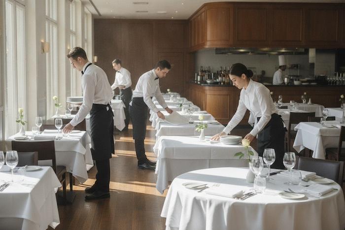 Restaurant staff preparing multiple tables with fresh white tablecloths, busy professional dining area, organised hospitality setting, natural daylight