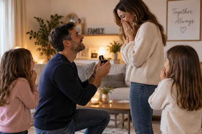 How to plan a meaningful proposal when you’re already parents. Couple getting engaged at home with children.