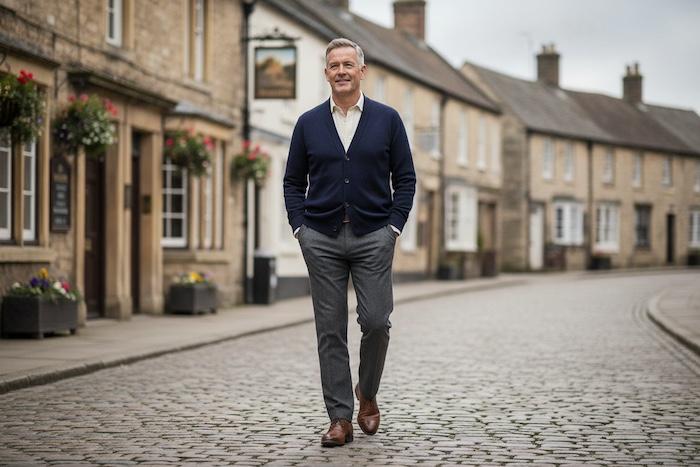 Man comfortably wearing smart casual trousers while walking outdoors