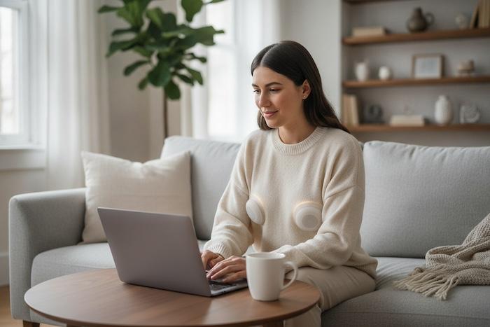 Mother using a discreet wearable breast pump while working from home