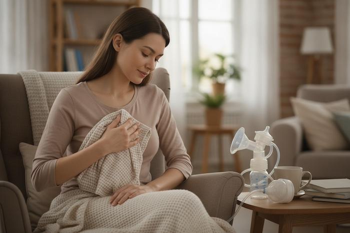 Mother using a warm flannel on her breast before pumping