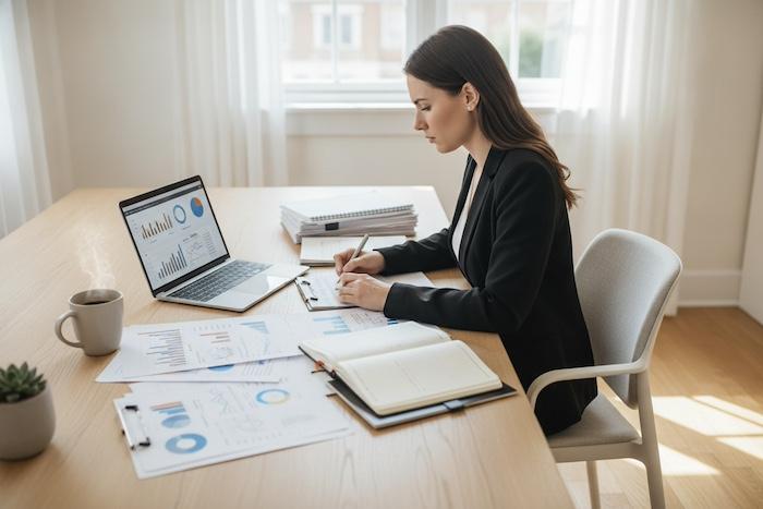 Professional researcher reviewing business information at a desk, laptop, printed documents and checklist arranged neatly, modern bright home office