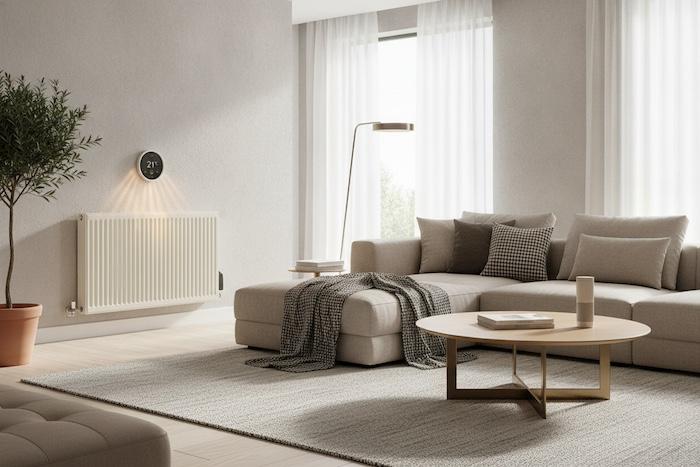 Modern UK home with a stylish electric radiator providing warmth, contemporary living room, subtle smart heating technology