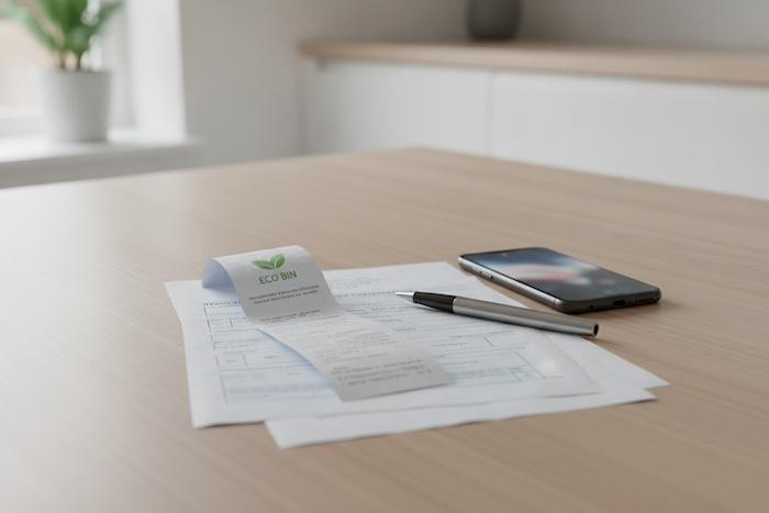 photograph of a household waste collection receipt and waste transfer note lying on a clean kitchen table beside a smartphone and pen.