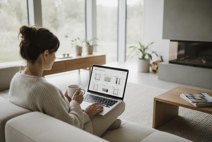 Woman comparing modern electric radiators online on a laptop