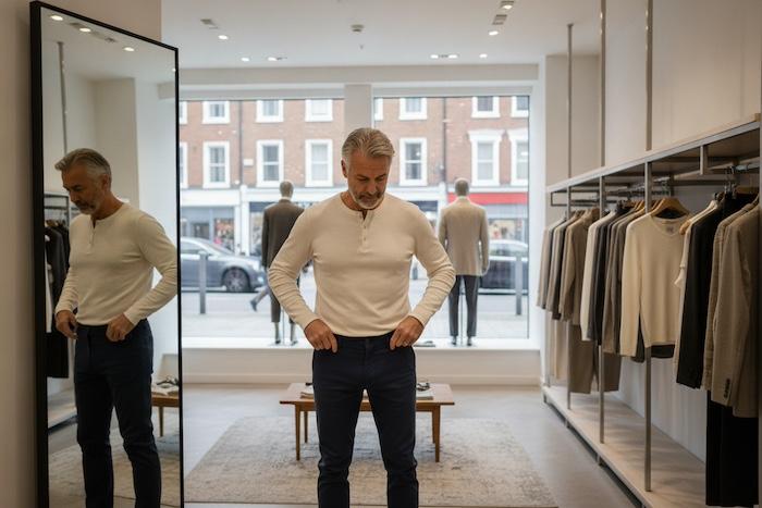 man trying on trousers in a modern clothing shop