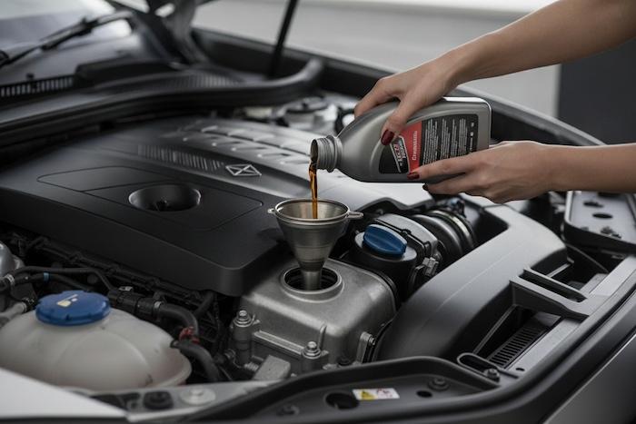 woman pouring engine oil into a modern car engine