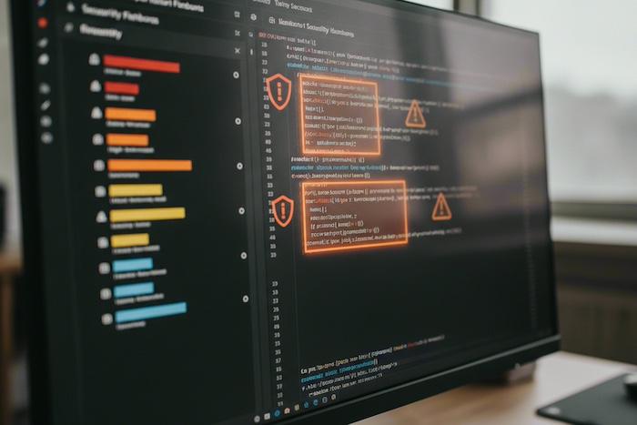 Close-up of a computer monitor showing a software security dashboard beside a code editor