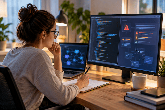 Software developer lady analysing a security warning beside a code editor on a widescreen monitor.