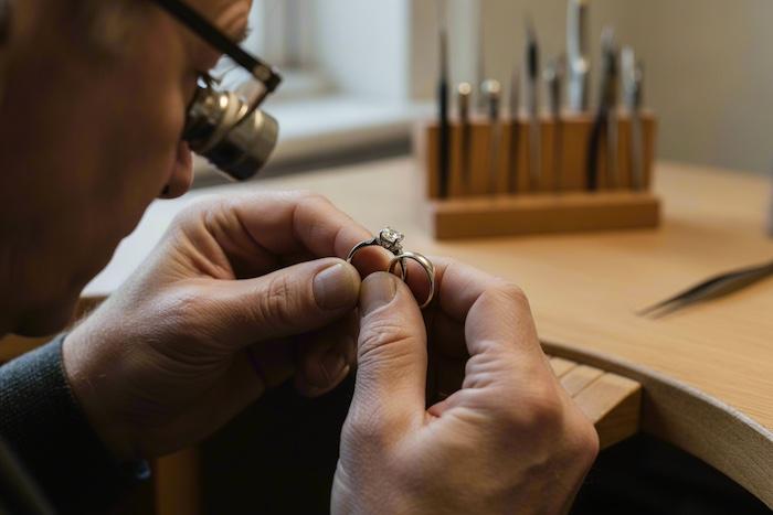 Jeweller carefully examining an engagement ring and wedding band together at a clean workbench, close-up of hands inspecting the settings and contact points with a jeweller's loupe,