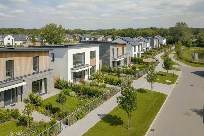 Modern newly built family houses on an attractive British residential development, landscaped front gardens, neat pavements, greenery and a welcoming street layout