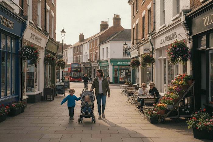 A parent walking with two children along a pleasant British neighbourhood high street, local shops, a supermarket and cafés